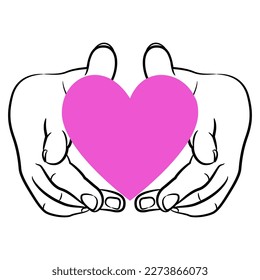 Front view of two human hands holding or showing pink heart symbol. Romantic love design. 