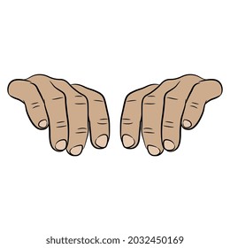 Vista frontal de dos manos masculinas humanas con dedos doblados. Con gesto. Estilo de caricatura.