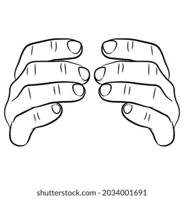 Front view of two human male hands with bent fingers. Holding gesture. Cartoon style. Black and white linear silhouette.