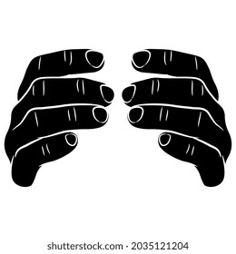 Vista frontal de dos manos masculinas humanas con dedos doblados. Con gesto. Estilo de caricatura. Silueta negativa en blanco y negro.