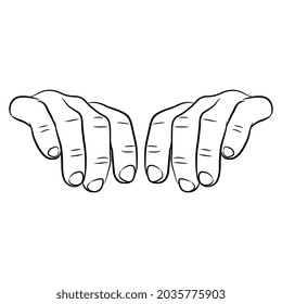 Front view of two human male hands with bent fingers. Holding gesture. Cartoon style. Black and white linear silhouette.