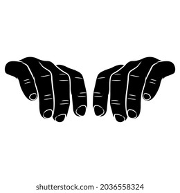 Vorderansicht zweier männlicher Hände mit verbogenen Fingern. Geste halten. Cartoon-Stil. Schwarz-Weiß-Silhouette.