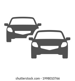 Front view two passenger car icon vector flat illustration. Monochrome simple logo with movement automobile isolated on white. Driving vehicle transportation with windshield and headlights