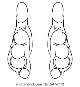 front view of two reached forward human male hands. Black and white linear silhouette. Cartoon style.