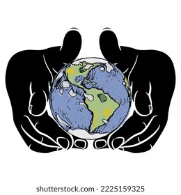 Vista frontal de dos manos humanas siluteadas sosteniendo el planeta Tierra. Concepto ambiental o social creativo. Estilo de caricatura. Ilustración vectorial aislada.