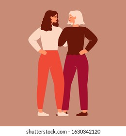 Front view of two strong women supporting each other. Friends hug and look each other in the face. The concept of friendship, care and love. Vector flat illustration