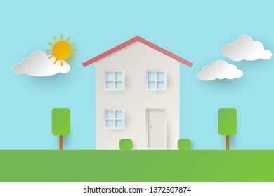Front view of a two-story House on the grass with garden for Icon, Infographic design. Vector paper style