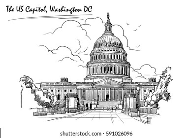 Front View Of The US Capitol Building. Cityscape, Urban Hand Drawing. Sketch Isolated On White Background. EPS10 Vector Illustration.