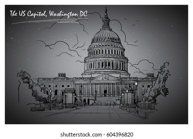 Front view of the US Capitol Building. Cityscape, urban hand drawing.Ink or engraving style sketch isolated on textured night sky background. EPS10 vector illustration.