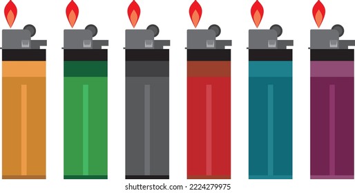 Front view of various designs and colors of lighters with small flames.