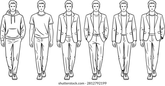 Front view of various male models presenting distinct smart casual fashion looks and popular apparel, walking confidently for a lifestyle concept.