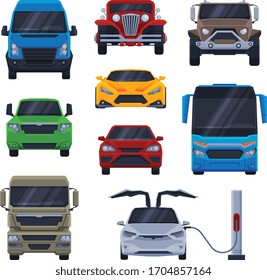 Front View of Various Models of Car, Truck, Bus, SUV, Minibus, Collection of Different Types of Vehicles Flat Vector Illustration