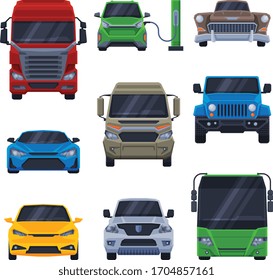 Front View of Various Vehicles Collection, Car, Truck, Bus, SUV, Minibus Flat Vector Illustration