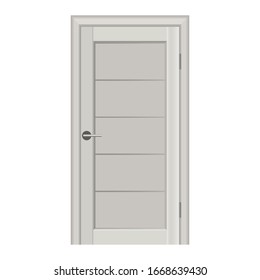 Front view Vector graphic illustration with wooden door isolated on white backdrop closeup in flat cartoon style. closed white plastic enter with doorknob. realistic interior design element 