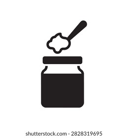 Front view vector icon of a baby food jar with a filled spoon, conveying a clean and wholesome mood for nutrition concept art against a white background.