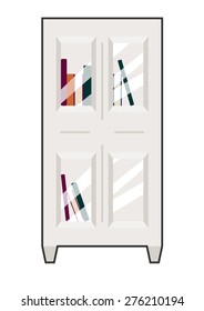 Front view vector illustration of a bookcase. White on white with contrast outline. Can be used as icon or gameplay for games and mobile apps.