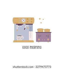 Front view vector illustration of a coffee machine and toaster with pieces of bread.