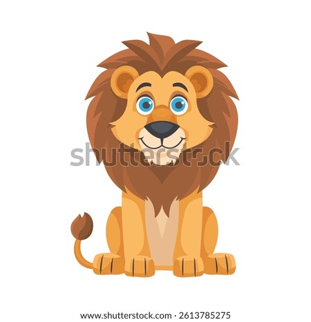 Front view, vector illustration of a cute lion with a big mane and bright blue eyes sitting and smiling face, symbolizing jungle wildlife, strength, and friendly animal characters for kids.