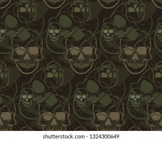 Front View Vector Illustration Of A Human Skull Pattern With Army Colors