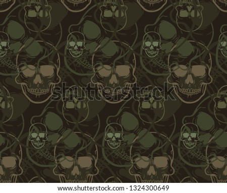Front view vector illustration of a human skull pattern with army colors