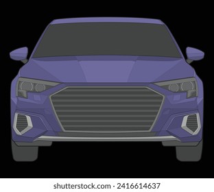 front view Vector Illustration of Isolated highlight  color car on black background, Vehicle in a Flat Cartoon Style.
