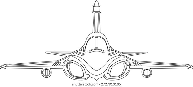 Ilustración vectorial de vista frontal de un moderno avión de combate con alas simétricas y tomas de aire de dos motores. Diseño plano limpio adecuado para aviación, militar, defensa, tecnología, infografías, carteles y uso de medios digitales.