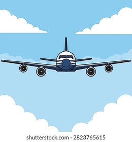 Front view vector illustration of a navy blue and white four-engine commercial passenger jet airplane flying through a bright blue sky with white stylized clouds.