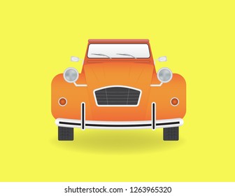 Front view vector illustration of orange retro car isolated on yellow background