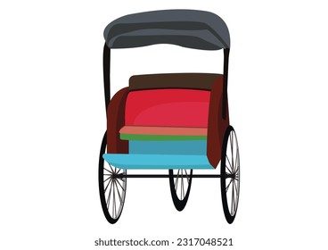 Front view vector illustration of a rickshaw or becak in flat style on a white background. Indonesian traditional public transport vehicles. Antique transportation in some areas of Java, Indonesia