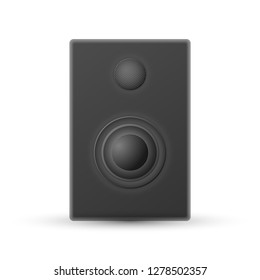 Front view vector of realistic modern black shaded audio speaker on white background.
