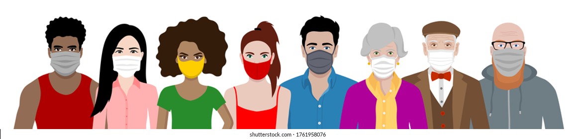 Front view vector set of different cartoon people wearing protective face mask - covid-19 safety measures, restriction, covering face to prevent spread of the virus.