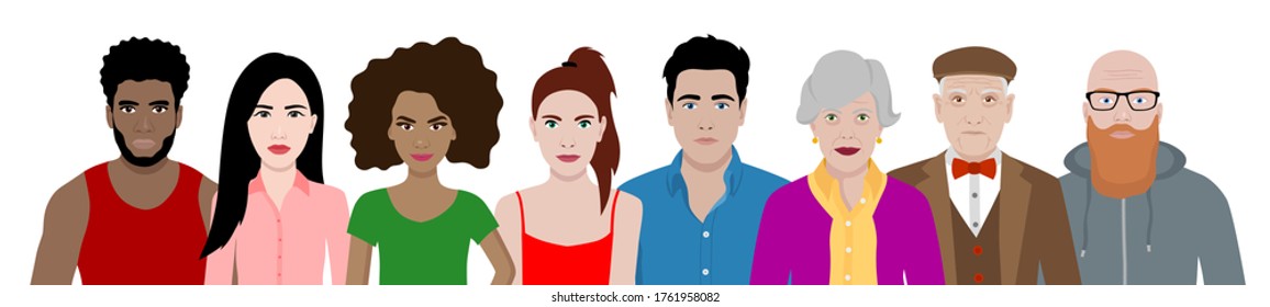 Front view vector set of different cartoon people.