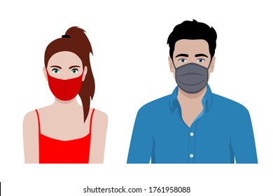 Front view vector set of a man and a woman wearing protective face mask - covid-19 safety measures, restriction, covering face to prevent spread of the virus