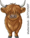 Front view vector of shaggy Highland cow with large horns on a simple white background.