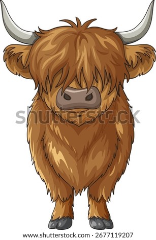 Front view vector of shaggy Highland cow with large horns on a simple white background.