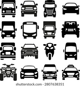 Front View Vehicle Icons Set Black Silhouette Collection Isolated on White Vector