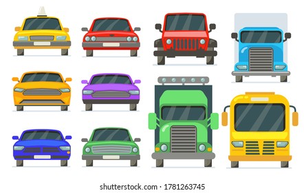 Front view of vehicles set. Colorful cars, taxi, truck, lorry, bus isolated on white background. Vector illustration for transport, urban traffic, road concept
