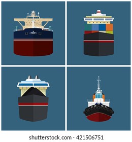 Front View of the Vessel, Cargo Container Ship, Oil Tanker, Dry Cargo Ship, Tugboat,   International Freight Transportation, Vessel for the Transportation of Goods,  Vector Illustration svg