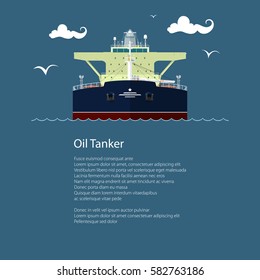 Front View of the Vessel Oil Tanker and Text, International Freight Transportation, Ship for the Transportation of Goods, Poster Brochure Flyer Design, Vector Illustration