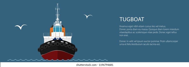 Front View of the Vessel Tugboat and Text, Push Boat Banner, Tow Boat for to Towage and Mooring of Other Courts , Vector Illustration svg