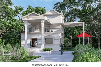 The front view of the village house, it is a two stored duplex house and classic column, it has a one unit plan, it is surrounded by trees and gardens. open tea lounge.