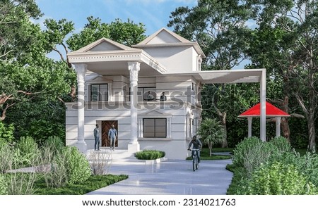 The front view of the village house, it is a two stored duplex house and classic column, it has a one unit plan, it is surrounded by trees and gardens. open tea lounge.