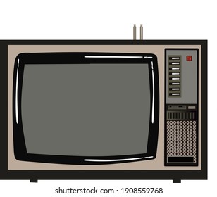 Televisión analógica vintage de vista frontal con botones y antenas. Ilustración vectorial de tv antigua.