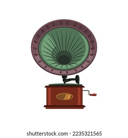 Front view of vintage gramophone cartoon illustration. Old music player, old-fashioned device for listening to jazz or classic music and vinyl records on white background. Entertainment, media concept