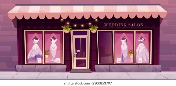 Front view vintage wedding salon cartoon background. Vector bridal boutique facade with garland. White dress display in showroom on mannequin. Beautiful storefront near brick wall with flower pot.