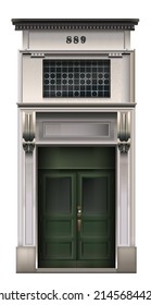 Front view of vintage wooden entrance door. Stone marble entrance. Realistic vector illustration.