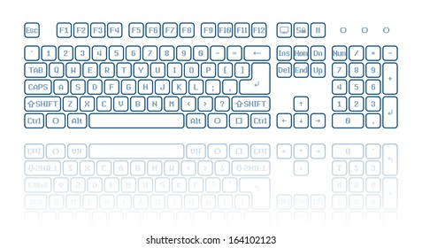 Front view of a virtual computer keyboard, reflection on white background
