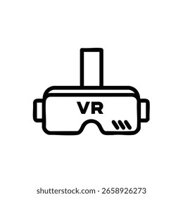 Vista frontal de um ícone de fone de ouvido VR em um estilo de contorno preto. Os recursos incluem um visor com texto "VR", uma tira de cabeça e linhas decorativas simples na lateral.