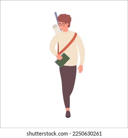 Front view of walking nerd boy. Geek male student, intelligent teenager vector illustration