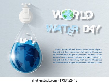 Front view of water tap and world water day letters in paper cut style, example texts with global water droplet in glass style on gray paper pattern background.